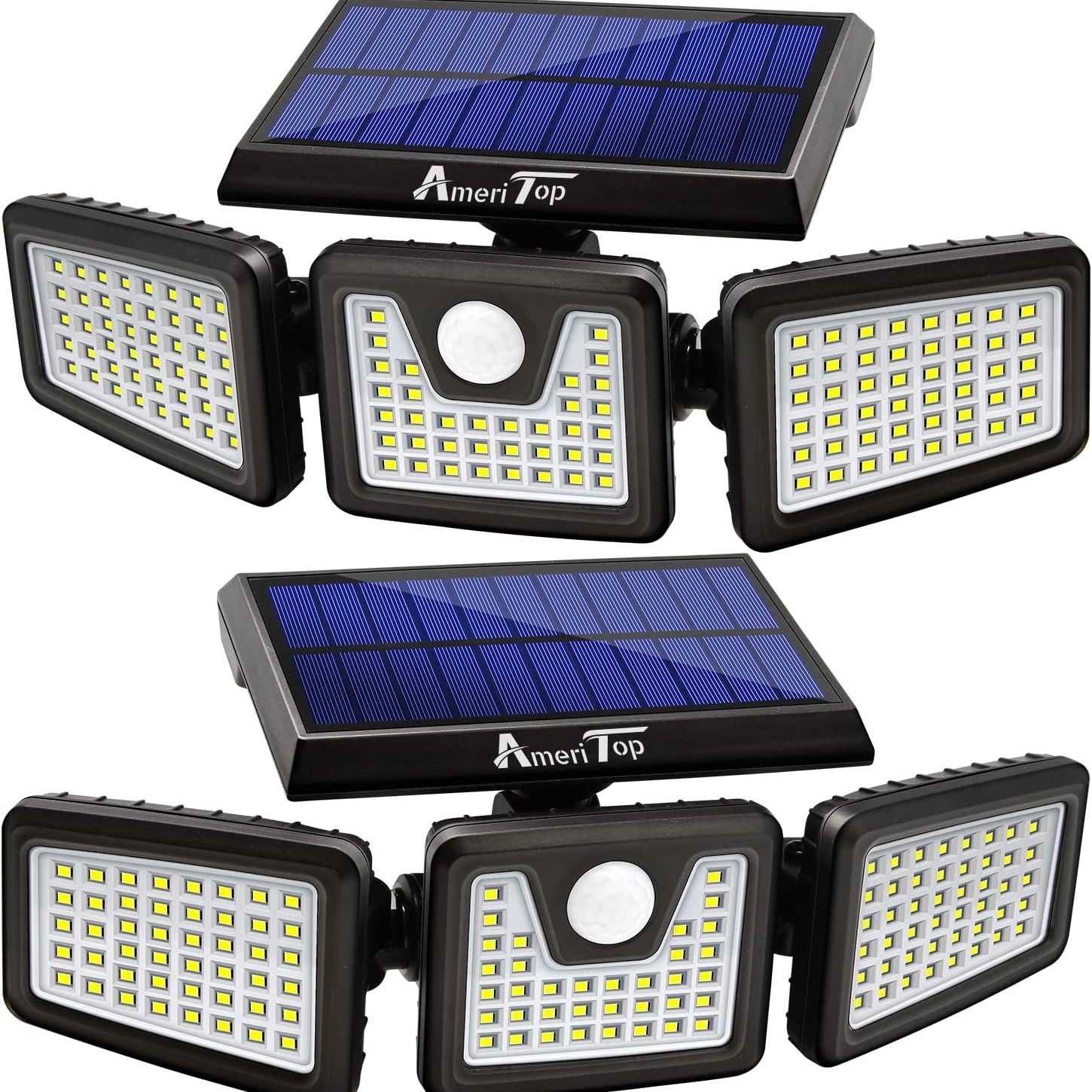 AmeriTop Solar Lights Outdoor, 2 Pack 128 LED 800LM Cordless LED Solar Motion Sensor Lights; 3 Adjustable Heads, 270°Wide Angle Illumination, IP65 Waterproof, Security LED Flood Light(Daylight)