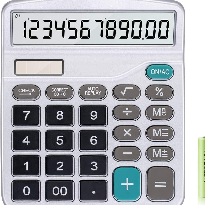 Calculator,12-Digit Solar Battery Basic Calculator,Solar Battery Dual Power with Large LCD Display Office Calculators (Silver)