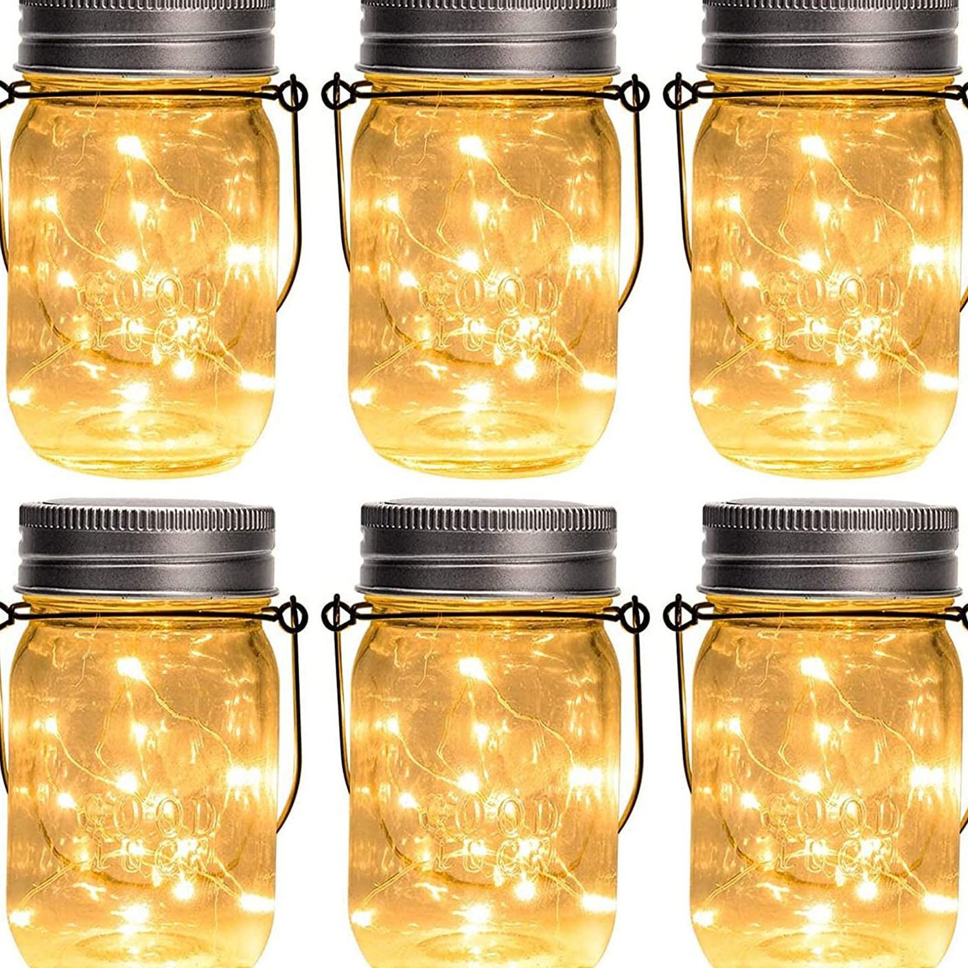 GIGALUMI Hanging Solar Mason Jar Lights, 6 Pack 30 Led String Fairy lights Solar Lanterns Table Lights, 6 Hangers and Jars included. Great Outdoor Lawn Decor for Patio Garden, Yard and Christmas Décor
