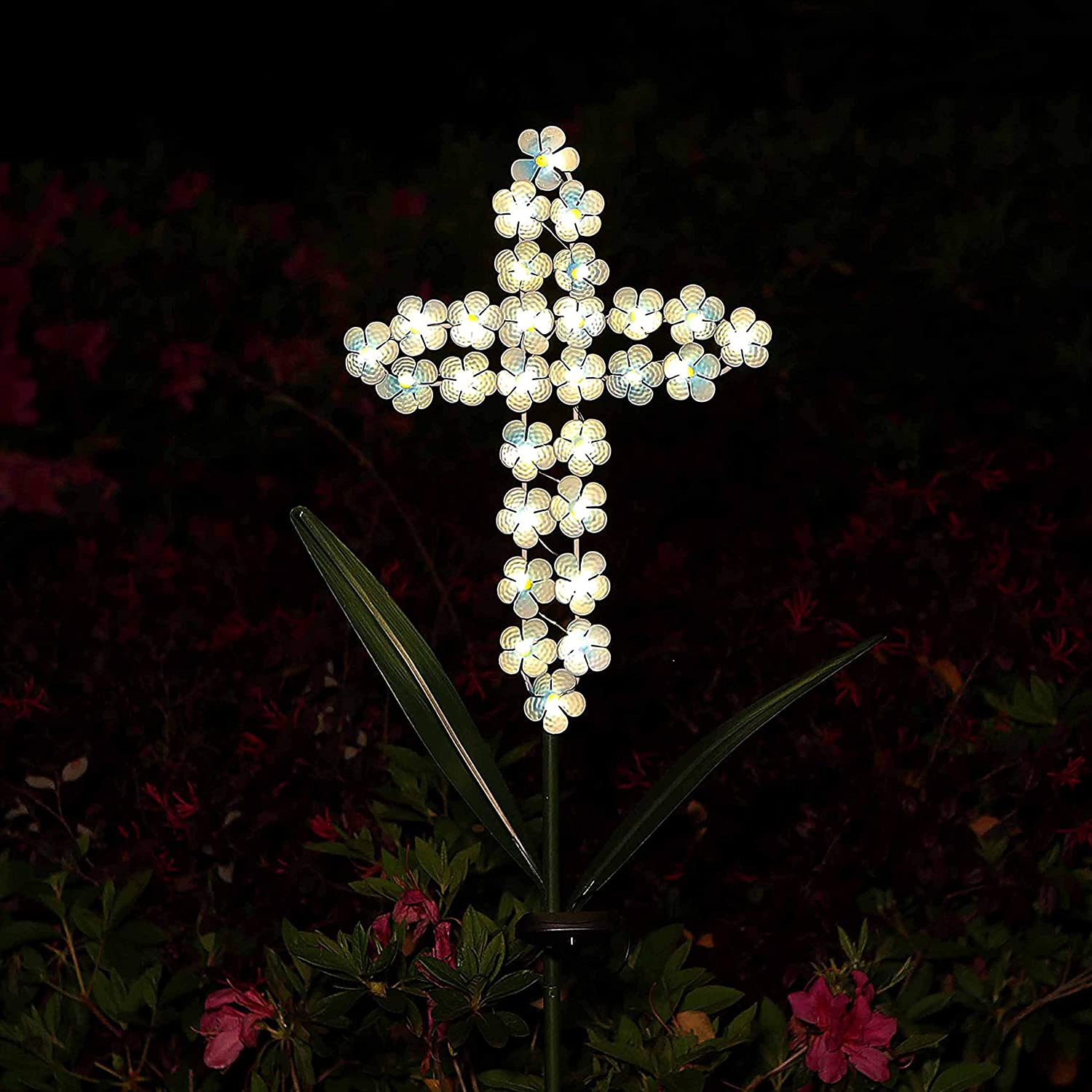 Joyathome Solar Cross Garden Stake Outdoor Lights, 40 Inch Solar Powered Cross Lights Stake with 24 LED Decorative Flower Lights for Remembrance Gifts
