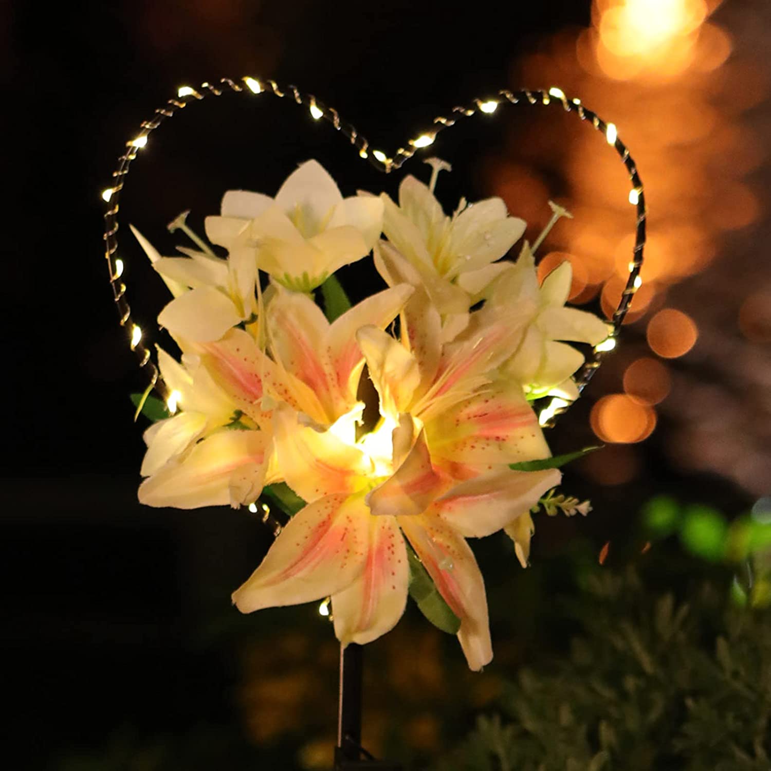 Starryfill Garden Solar Lights Outdoor Heart-Shaped with White Lily Flowers,Solar Stake Lights Outdoor with 25led Warm White Decorative for Remembrance Gifts Pathway Patio Backyard Lawn