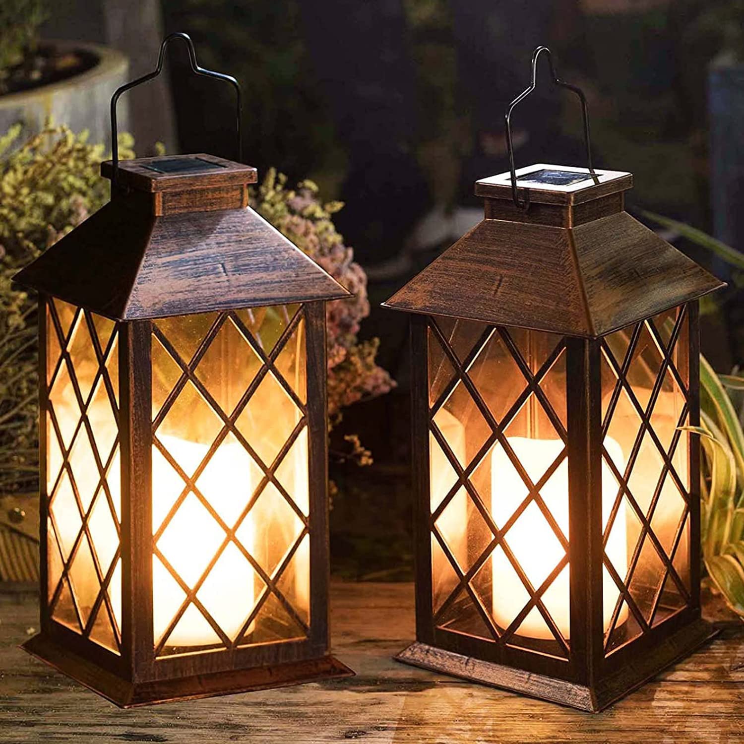 TAKE ME [2 Pack] 14" Solar Lantern Outdoor Garden Hanging Lantern Waterproof LED Flickering Flameless Candle Mission Lights for Table,Outdoor,Party Valentine's Day Gift
