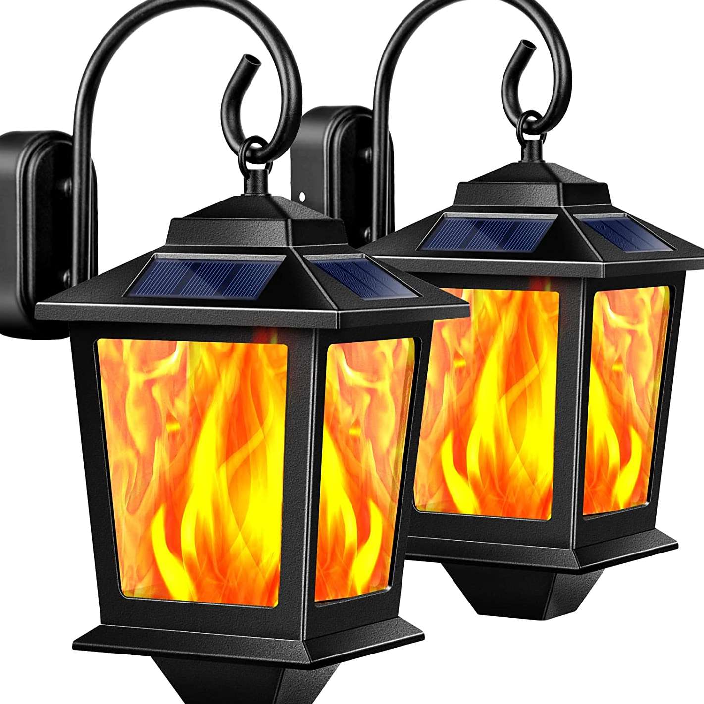 TomCare Solar Lights Outdoor Flickering Flame Metal Solar Lantern Anti-Rust Waterproof Solar Wall Lights Hanging Outdoor Lighting Solar Powered Decorative Flame Lights for Patio Porch Yard, 2 Pack