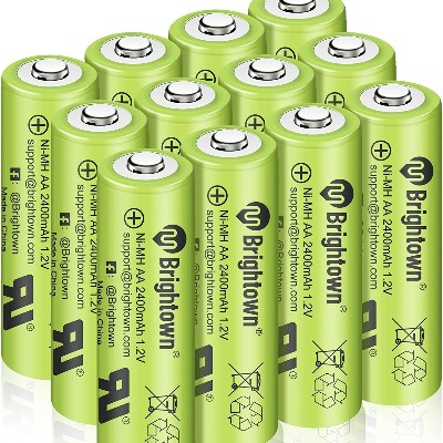 Brightown 12-Pack Rechargeable AA Batteries, 2400mAh High Capacity Precharged NiMH Double A Rechargeable Batteries for Solar Lights Household Devices, Recharge up to 1200 Cycles, UL Certified, 1.2V